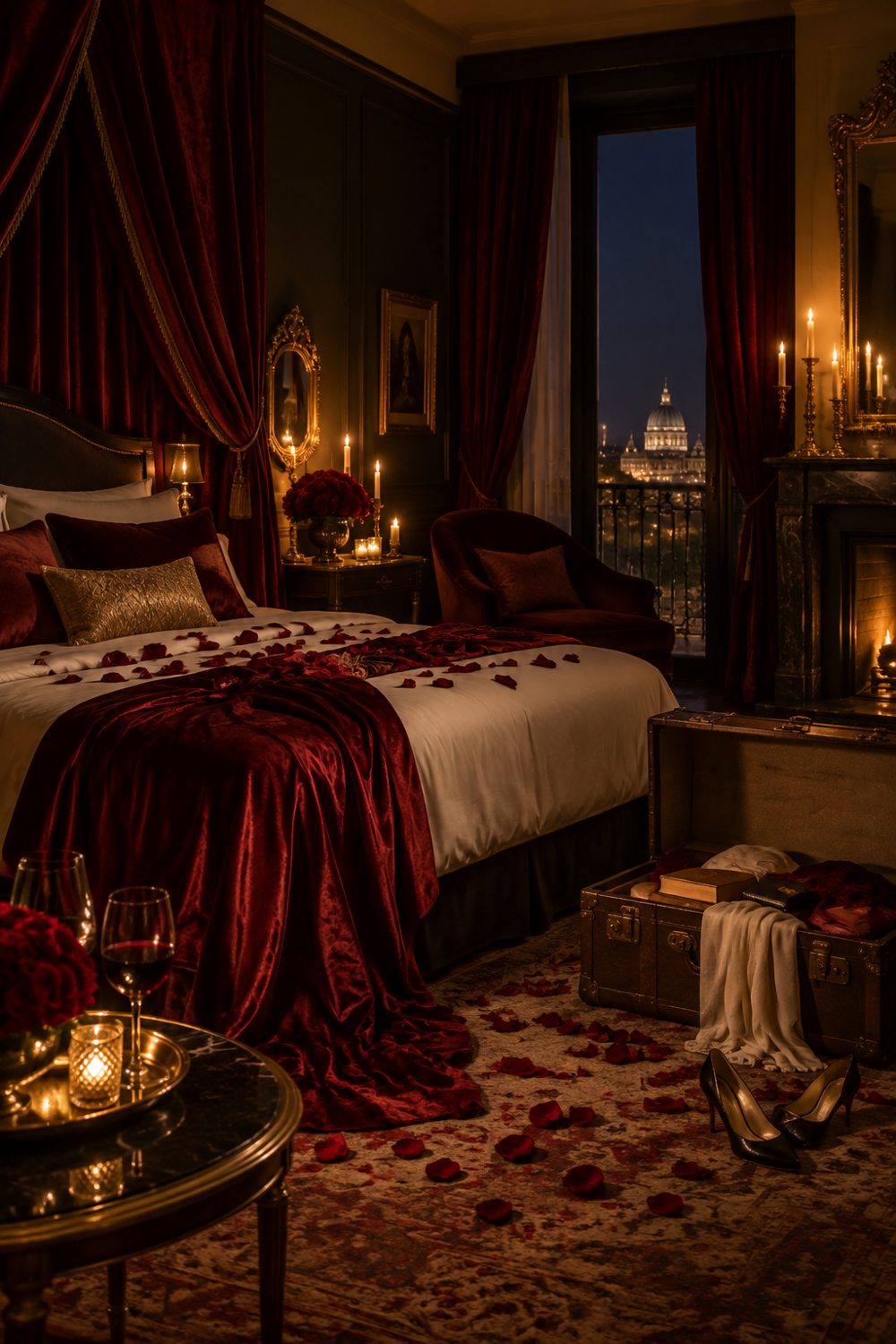 A candlelit suite draped in wine-red silk