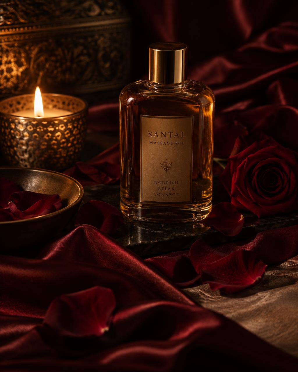 Candlelight, massage oil and rose petals on silk