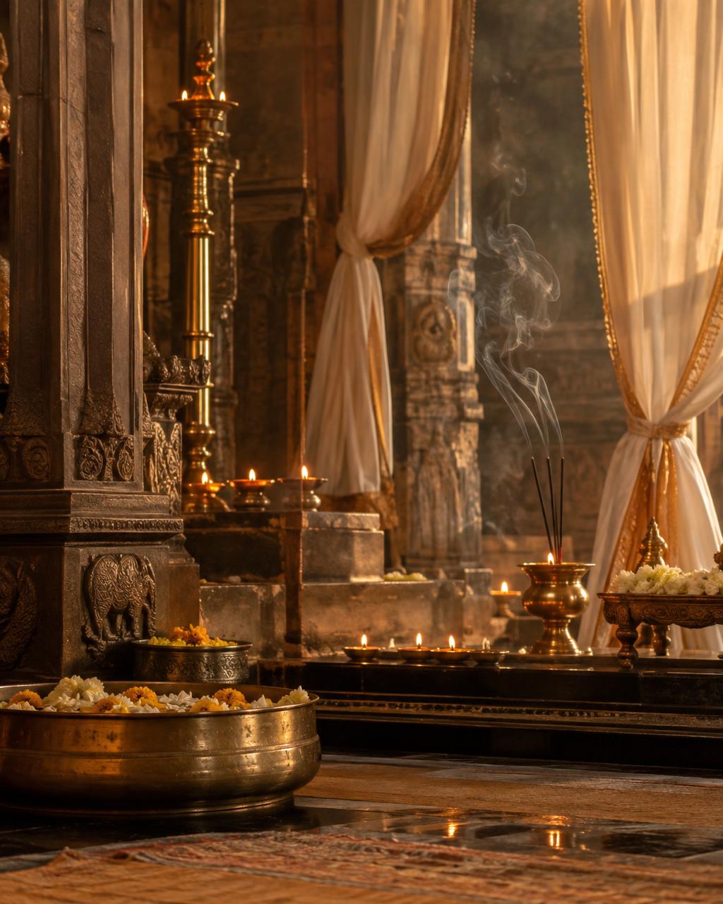 Candles, incense and draped fabric in a temple space